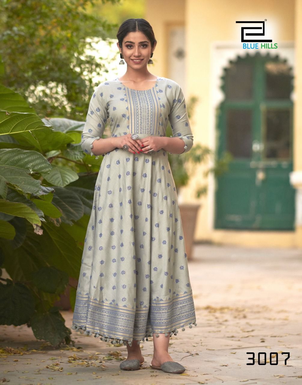 Blue Hills Pom Pom 3 Rayon Printed Ethnic Wear Long Anarkali Kurti Collection